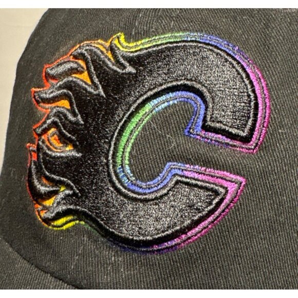 Fanatics Calgary Flames Pride Hat Adjustable Black Cap Embroidered Rainbow Logo - Picture 2 of 13